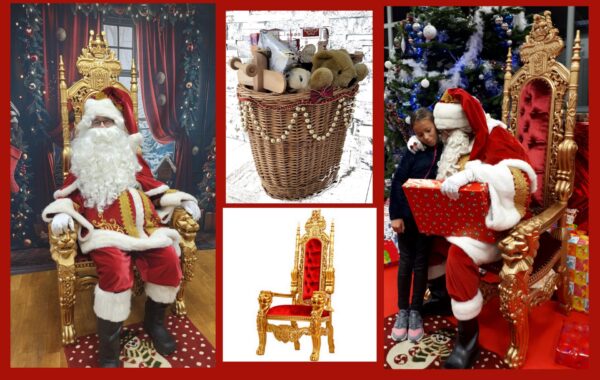 Costume, hotte et trône du Père Noël